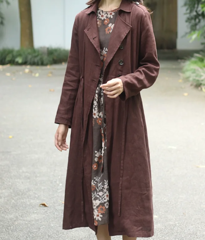 Long Sleeve Spring Fall Cardigan Women Coat , Spring Women Linen Trench Coat 9092