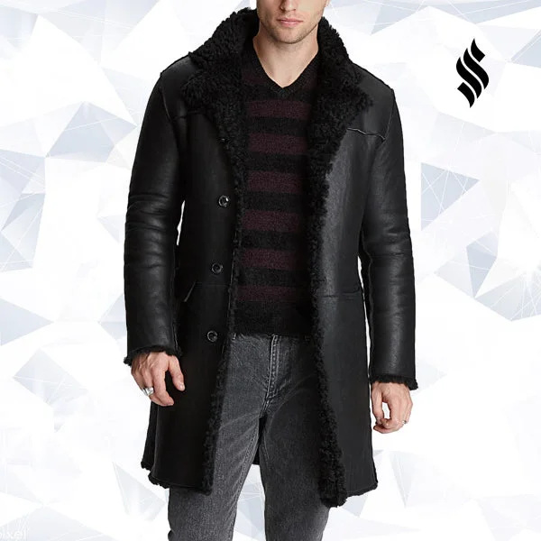 Mens Black Shearling Leather Trench Coat