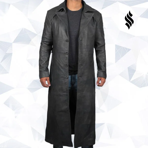 Mens Leather Black Winter Trench Coat - Full Length Overcoat