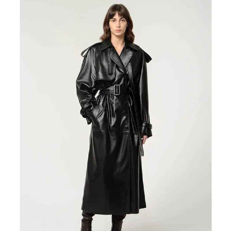 Women Sheepskin Black Leather Trench Coat