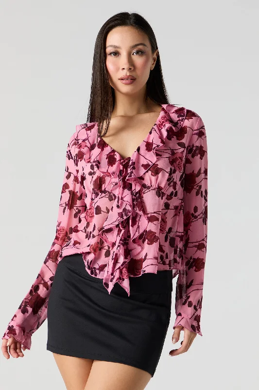 Mesh Ruffle Tie Front Long Sleeve Top