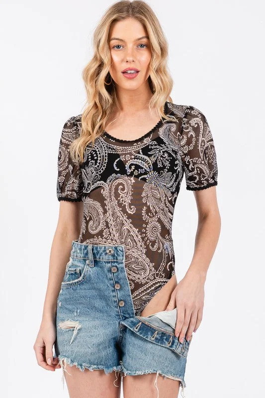 BLACK BOHEMIAN MESH PRINT SHORT SLEEVES BODYSUIT BY61109PA