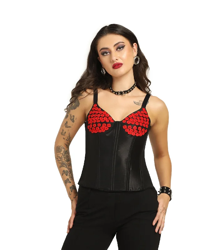 Red Floral Embroidered Bust On Goth Black Mesh Top